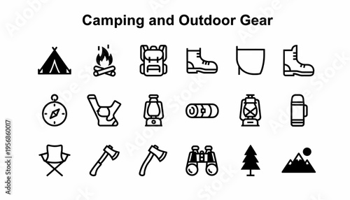 Camping and Outdoor Gear Icons Set