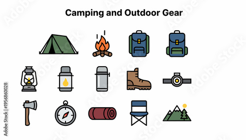 Camping and Outdoor Gear Icons Set