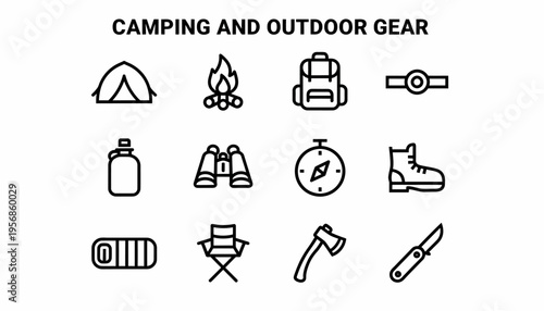 Camping Outdoor Gear Icons Set Vector