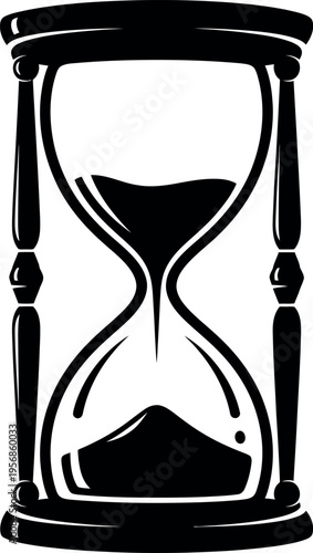 A classic hourglass shape filled with dark sand representing time