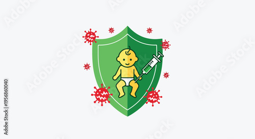 A cartoon baby in a diaper holds a syringe standing on a green shield surrounded by red virus particles on a white background for International Day of Mathematics and health awareness