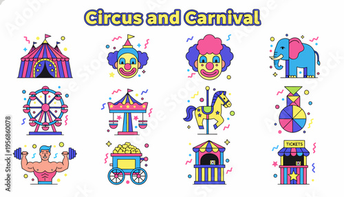 Circus and Carnival Icons - Funfair Entertainment Set