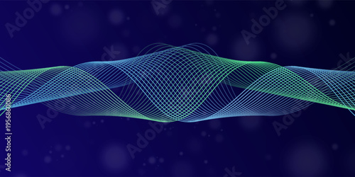 Abstract Technology Background with Intertwined Green and Blue Glowing Frequency Waves on Dark Gradient