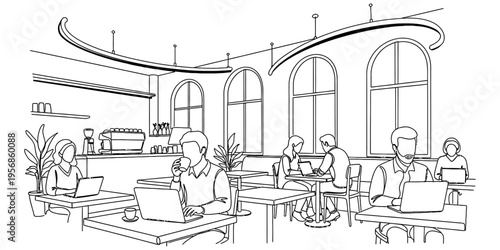Continuous Line Drawing of People Working in a Modern Cafe
