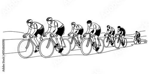 Continuous Line Drawing of Professional Cyclists Racing in a Peloton