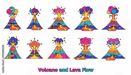 Colorful Cartoon Volcanoes Erupting Lava and Smoke Icons