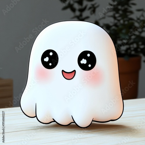 cute smiling white ghost toy with big shiny eyes and rosy cheeks on wooden table, soft indoor scene with potted plant, cheerful expression
