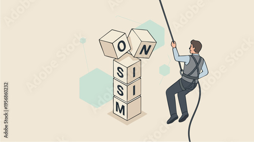 Businessman climbing ropes towards stacked blocks spelling optimism concept in a modern digital illustration