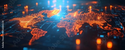 Glowing orange digital world map projected on a dark circuit board with blue highlights, illuminated data nodes and a futuristic sense of global connectivity