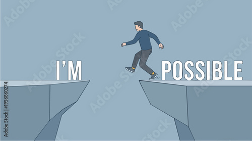 Businessman crossing a gap between cliffs with the phrase I'm Possible, representing overcoming challenges and achieving success