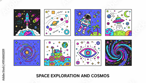 Cosmic Space Exploration Illustrations - Rockets, Planets, Astronauts
