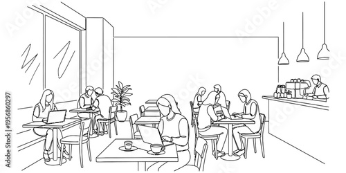 Continuous Line Drawing of Customers in a Busy Coffee Shop