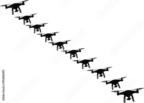 Black drone silhouettes in diagonal formation with quadcopter design, aerial technology concept, perspective depth effect, modern unmanned aircraft illustration for aviation and photography themes