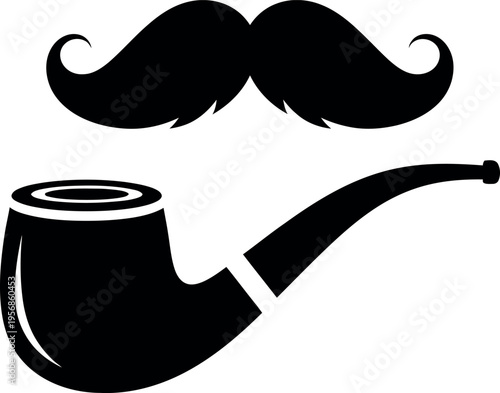Black silhouettes of a mustache and smoking pipe on a white background