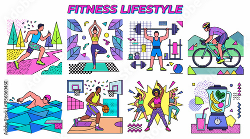 Fitness Lifestyle Collection: Running, Yoga, Weightlifting, Cycling, Swimming