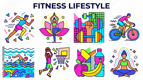 Fitness Lifestyle Icons: Running, Yoga, Weights, Cycling, Swimming, Basketball