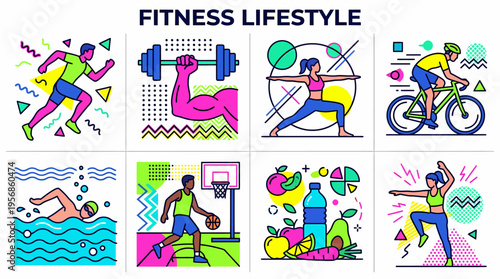 Fitness Lifestyle: Running, Yoga, Cycling, Swimming, Basketball, Healthy Food
