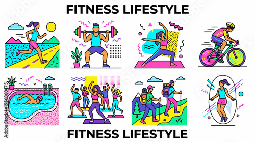 Fitness Lifestyle Vector Icons: Running, Yoga, Cycling, Swimming, Dancing