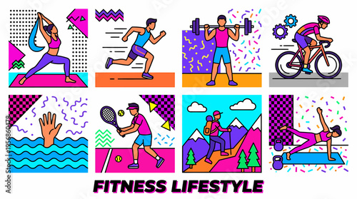 Fitness Lifestyle Vector Icons: Yoga, Running, Weights, Cycling, Swim