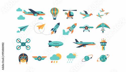 Flat Aviation Icons: Airplanes, Drones, Hot Air Balloons, Rockets
