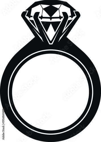 A black and white illustration of a classic diamond engagement ring