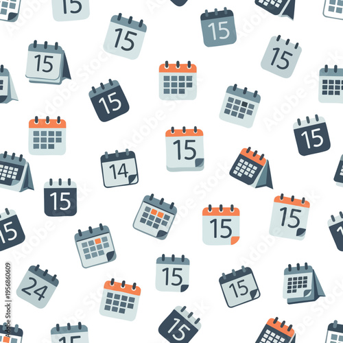 A seamless pattern of scattered, cartoon-style desk calendars showing dates 15, 14, and 24