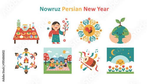 Nowruz Persian New Year Celebration Icons and Illustrations