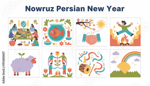 Nowruz Persian New Year Celebration - Traditional Symbols & Joyful Scenes