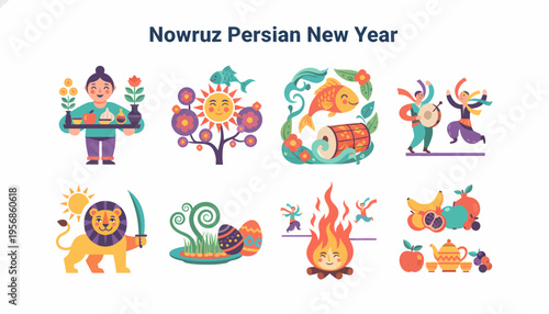 Nowruz Persian New Year Celebration Icons Set