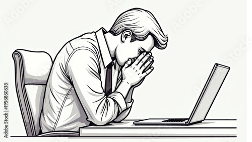 Stressed businessman sitting at desk with laptop, vector illustration