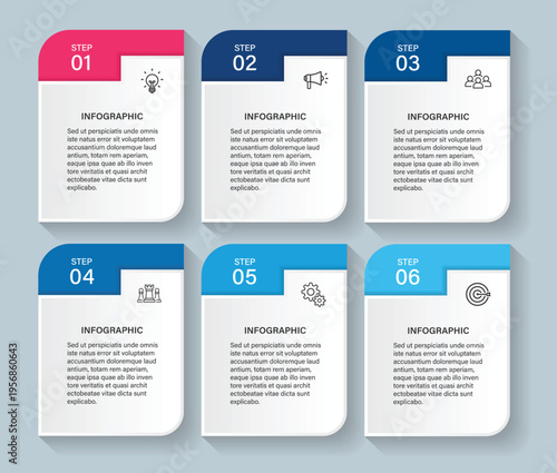 A visually appealing infographic template with six numbered steps for presenting information in a clear and organized manner.
