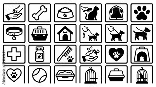 Pet Care Icons: Dog, Cat, Animal Services, Veterinary, Grooming