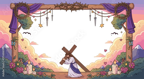 Horizontal decorative frame showing Jesus Christ carrying the cross with a sunset background.