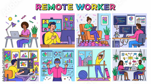 Remote Worker Collage: Diverse People Working From Home