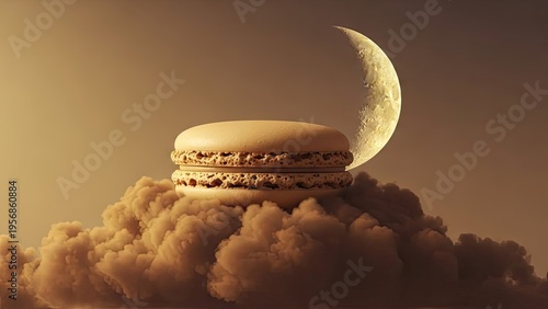 A macaron sits on a cloud with a crescent moon in the background