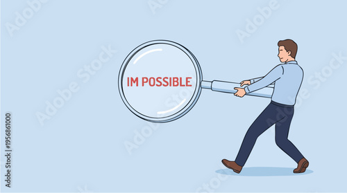 Businessman Pulling Magnifying Glass with the Words Im Possible, Representing Overcoming Challenges and Achieving Success