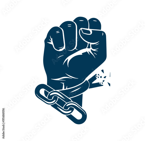 clenched fist breaking free from metal chain link symbolizing freedom and resistance