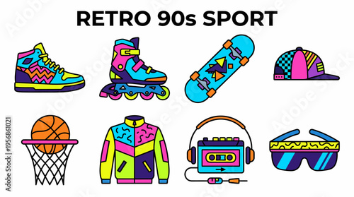 Retro 90s Sport Icons: Rollerblade, Skateboard, Sneakers, Boombox
