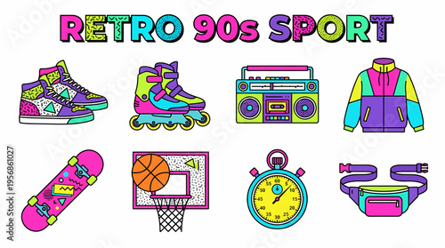 Retro 90s Sport Icons: Sneakers, Skateboard, Boombox