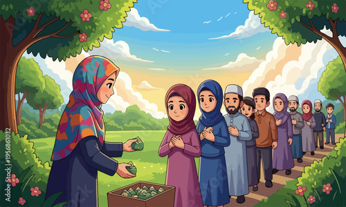 Muslim woman sharing food and gifts with children in a line during a community charity event.