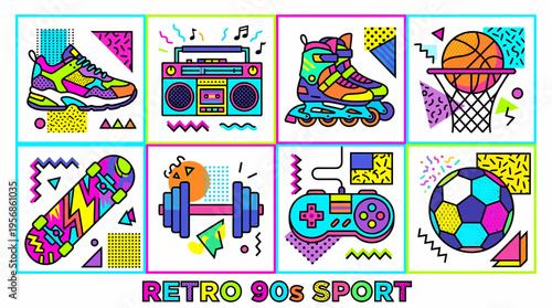 Retro 90s Sport Icons: Sneakers, Skateboard, Rollerblades, Music