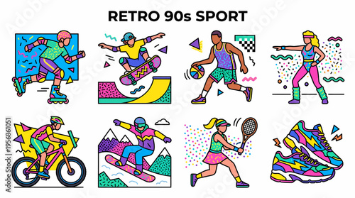 Retro 90s Sport Illustrations: Rollerblading, Skateboarding, Basketball, Tennis