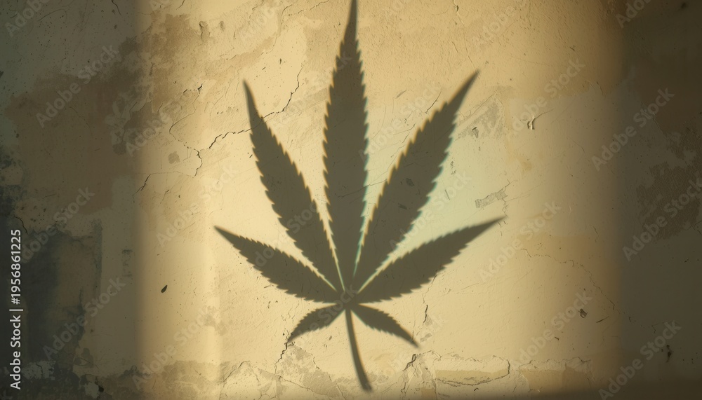 custom made wallpaper toronto digitalCannabis Leaf Shadow: A stark shadow of a cannabis leaf casts against a rustic wall, its intricate details creating a thought-provoking visual. 