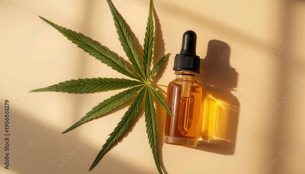 custom made wallpaper toronto digitalCBD Oil and Cannabis Leaf: An eye-level shot captures a bottle of CBD oil beside a single cannabis leaf, showcasing natural wellness and alternative medicine.