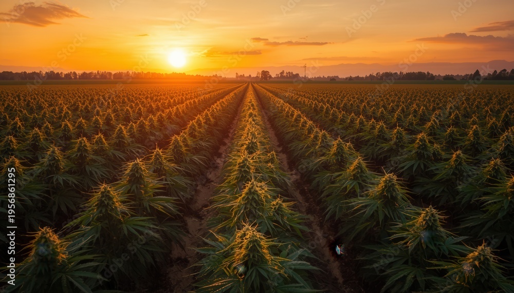 custom made wallpaper toronto digitalSunset Over Cannabis Field: An expansive field of cannabis plants basks in the golden light of a setting sun.