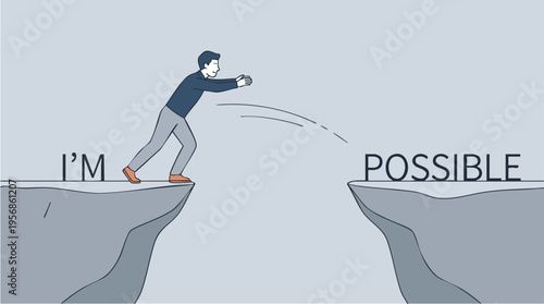 Businessman reaching across a gap symbolizing overcoming obstacles and achieving the impossible in a professional or personal context