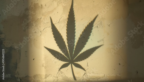 Wallpaper Mural Cannabis Leaf Shadow: A stark shadow of a cannabis leaf casts against a rustic wall, its intricate details creating a thought-provoking visual.  Torontodigital.ca