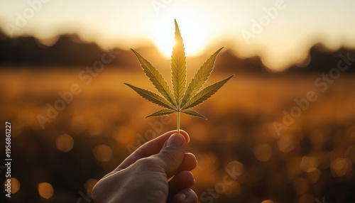 Wallpaper Mural Cannabis Leaf in Sunlight: A single hand delicately holds up a vibrant green cannabis leaf against a backdrop of a warm setting sun, creating a striking contrast of light and shadow Torontodigital.ca