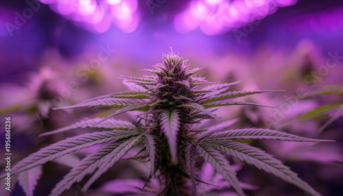 Wallpaper Mural Cannabis Plant under Purple Light: A close-up view reveals the intricate beauty of cannabis plants thriving under the glow of specialized purple lights. Torontodigital.ca