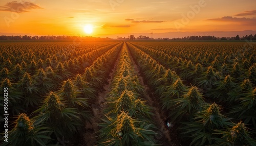 Wallpaper Mural Sunset Over Cannabis Field: An expansive field of cannabis plants basks in the golden light of a setting sun. Torontodigital.ca